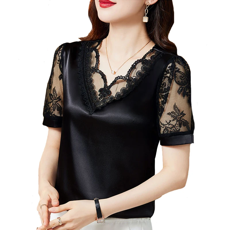 M-4XL Elegant Satin Lace shirt Summer Short Sleeve Casual clothing V neck Women blouse Tops blusa feminina