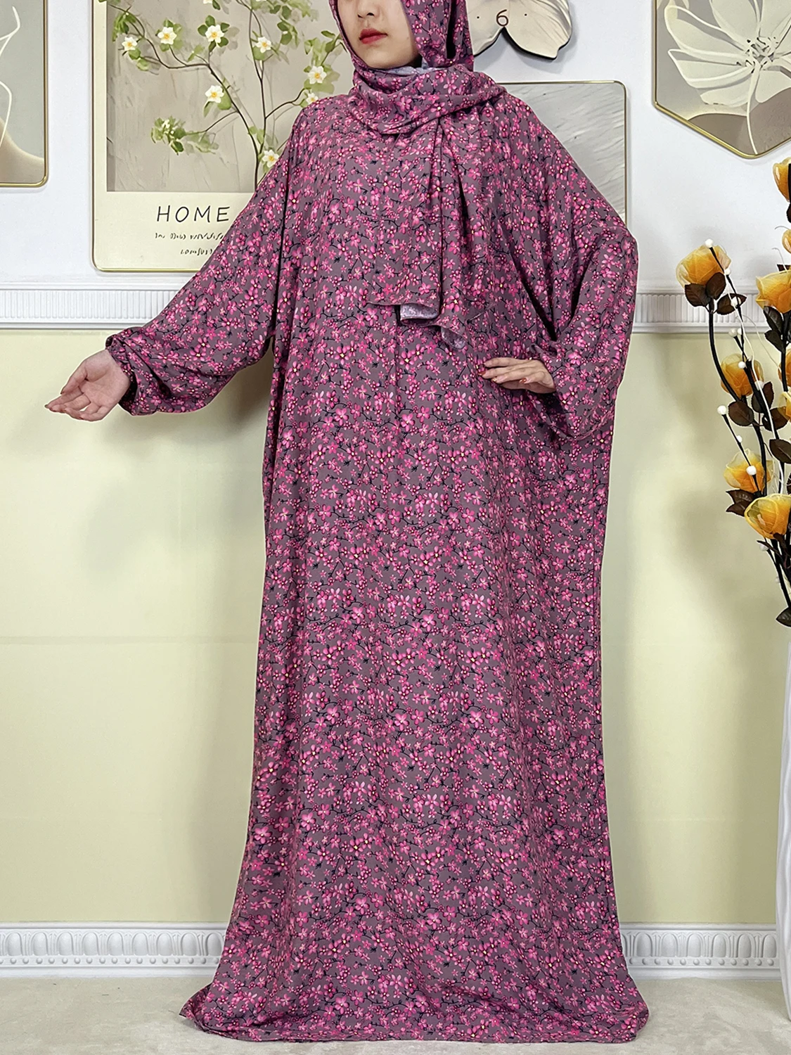 New Muslim Abayas For Women Ramadan Prayer Floral Loose Cotton Dubai Turkey Femme Robe African Traditional Dress Turban Attached