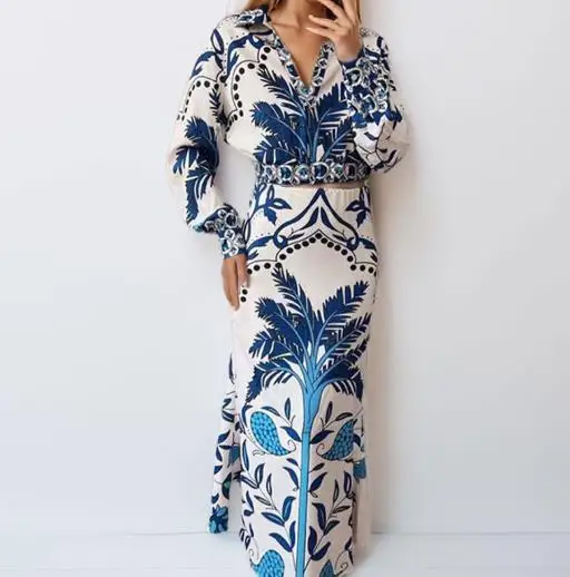 طقم فستان ماكسي نسائي جديد برقبة على شكل حرف V وأكمام طويلة، زي أنيق للحفلات نصف تنورة غير منتظمة