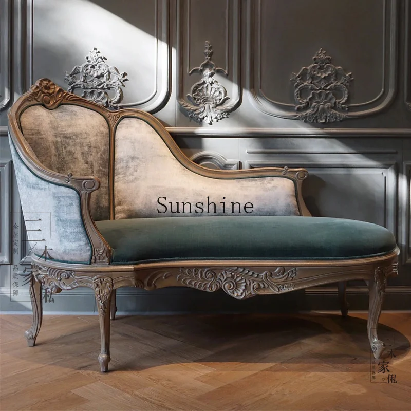 

French retro old solid wood carving flower concubine chair living room sofa villa luxury small apartment rattan art