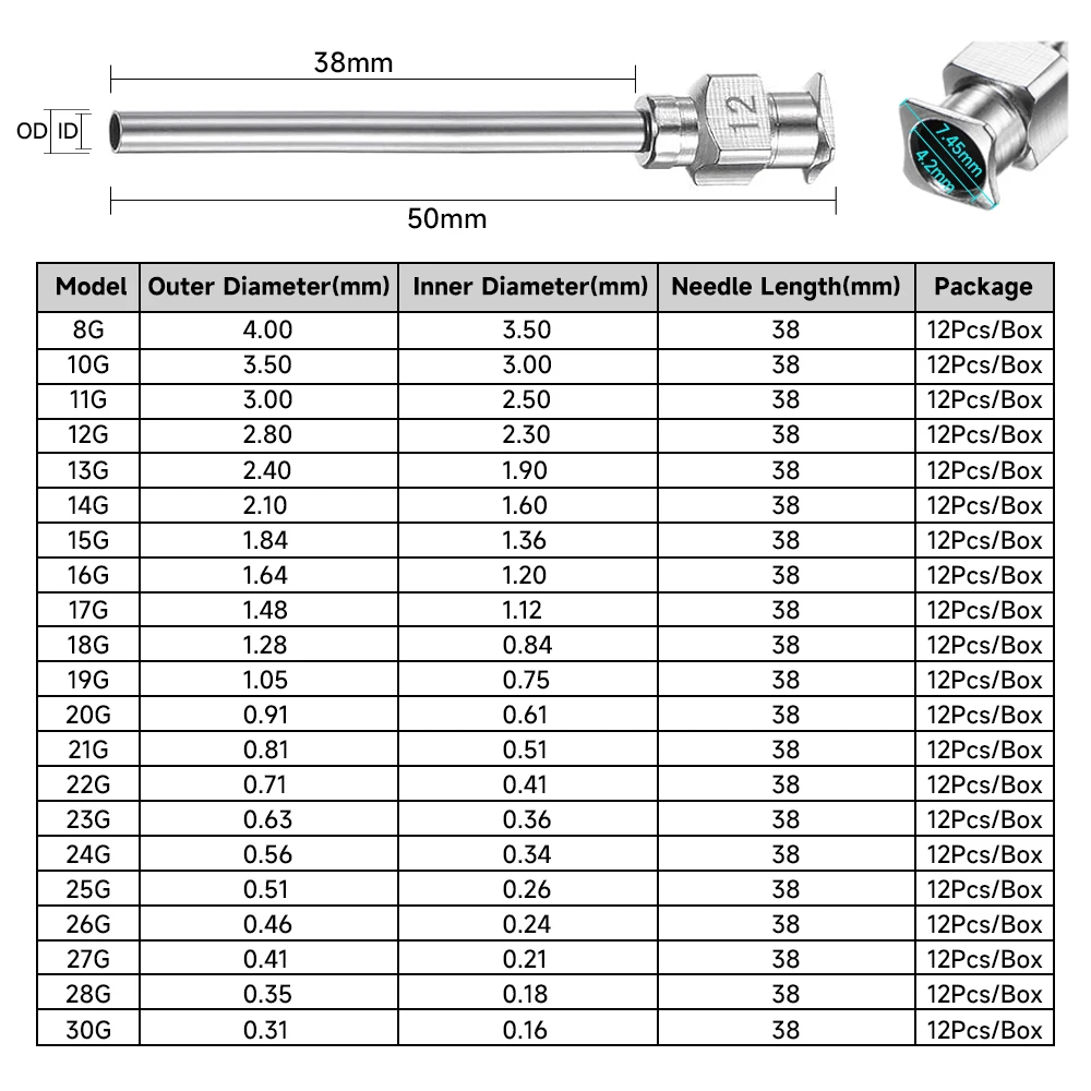 Aiguilles à pointe arrondie en acier inoxydable industriel 304, 1,5 pouce, 8-30G, 12 pièces/boîte, entièrement métalliques, pour la distribution de colle.