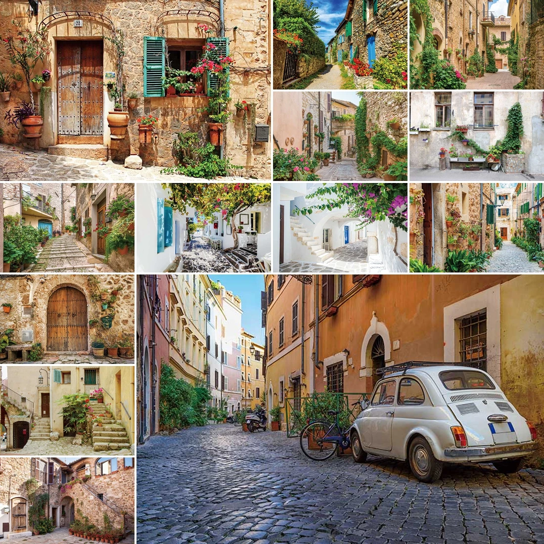 

MOON.QG European Town Lane Photography Background Lush Trees Retro Car Backdrop Wedding Party Supplies Decorations Photocall