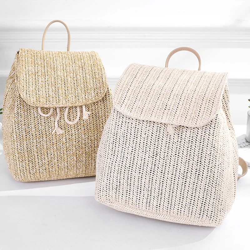 

Fashion Straw Woven Backpack Ladies Shoulder Bag Summer Girl Backpack Female Travel Bag Books Backpack