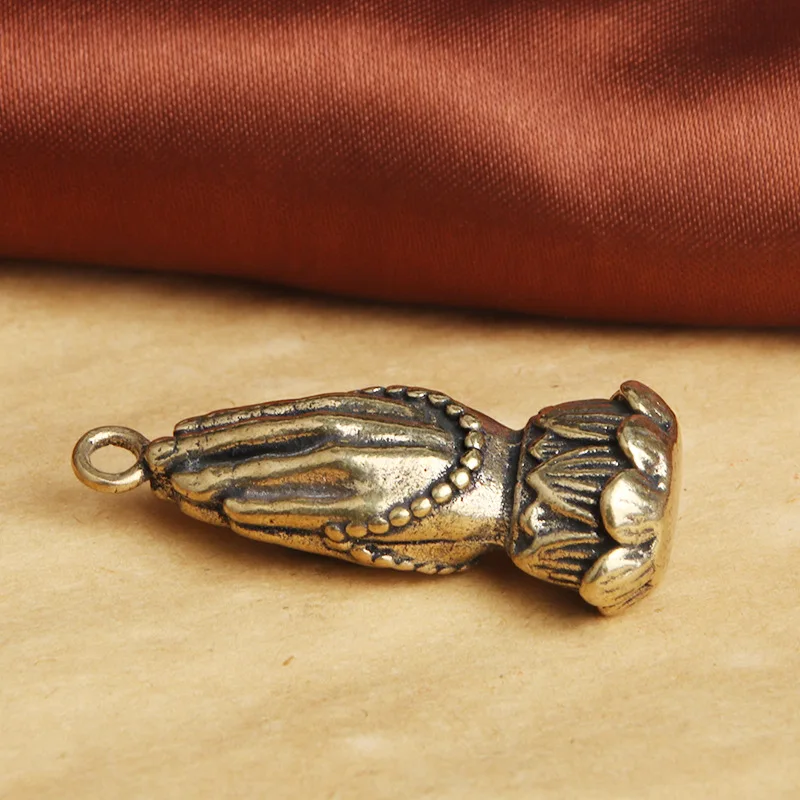 Vintage Brass Lotus Buddha Hand Creative Car Keychain Pendant Hand in Prayer Crafts Small