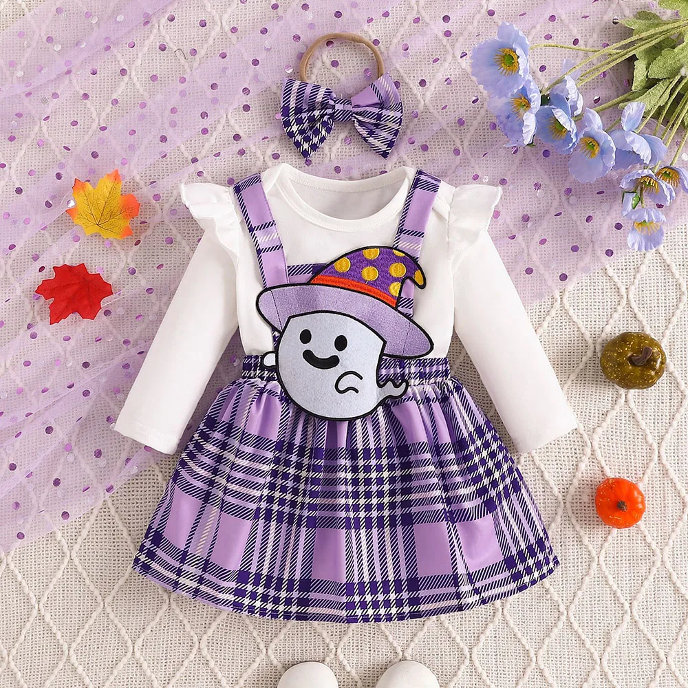 3pcs Halloween Infant Baby Girls Clothes Cute Ghost Embroidery Suspender Dress Solid color Bodysuit suit with headwear