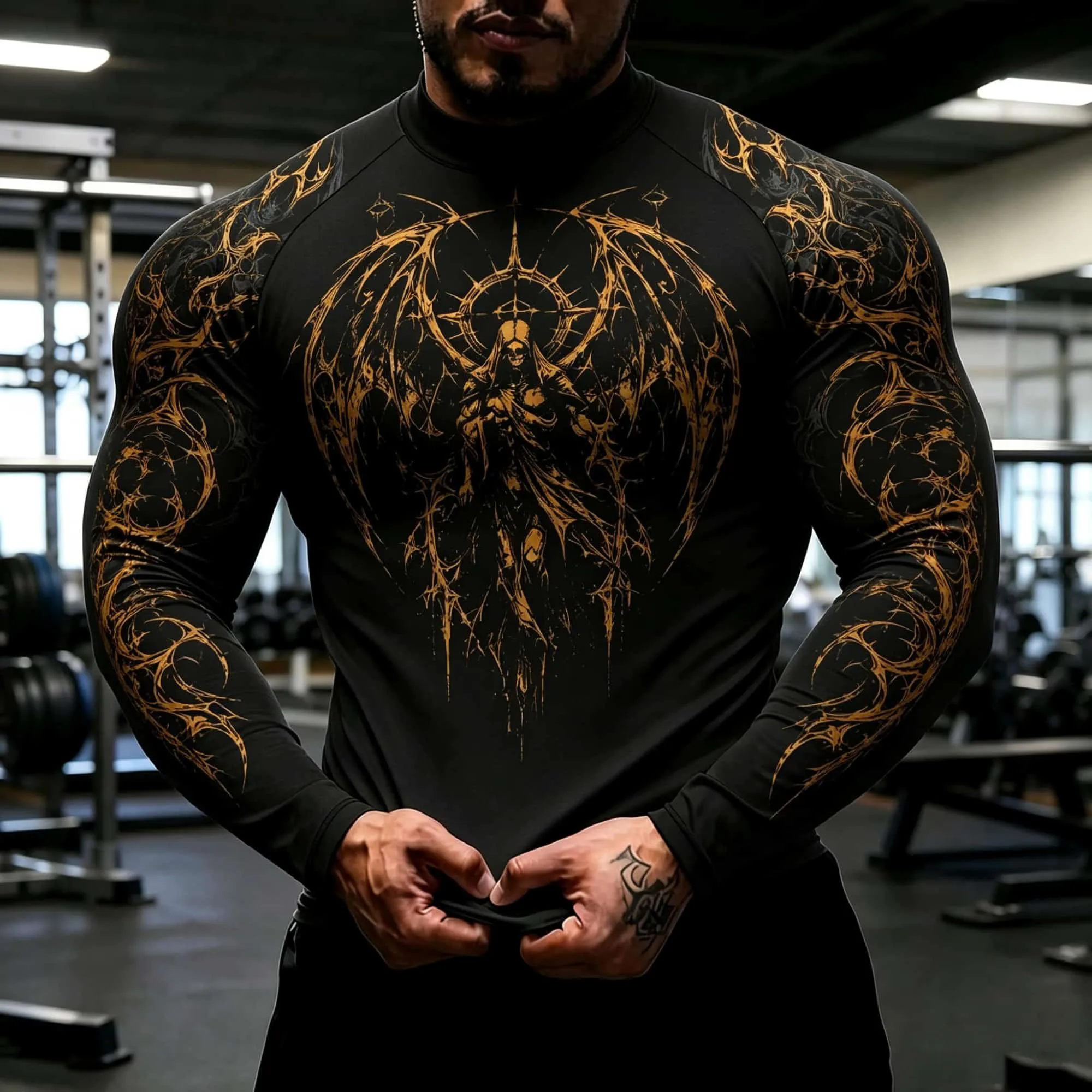 Amerikanisches Street-Style Schnelltrocknendes Sportliches Herren-Langarmshirt mit Stehkragen, dunklem Gothic-Engel-Print, hautengesportliches Oberteil für das Fitnessstudio. – Detail 3