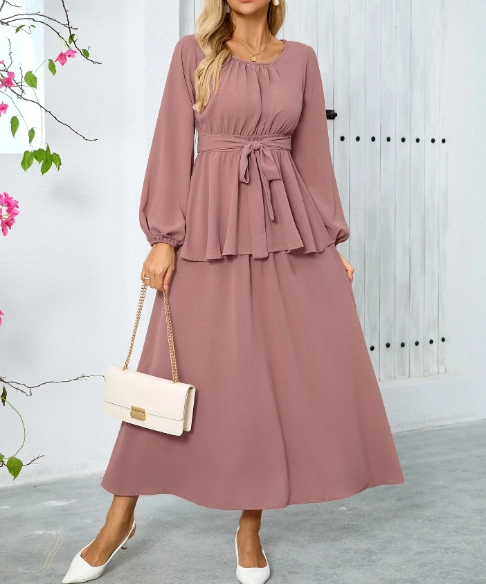 Elegant Sexy Long Skirt for Women's 2024 Spring Autumn Round Neck Lantern Long Sleeved Top Mid Skirt Two-Piece Set Skirt