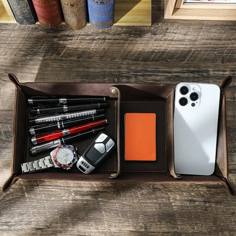 Brown Crazy Horse Cowhide Tray, Handmade Rectangular Compartment, Office Desktop, Table, Sundries Storage Box