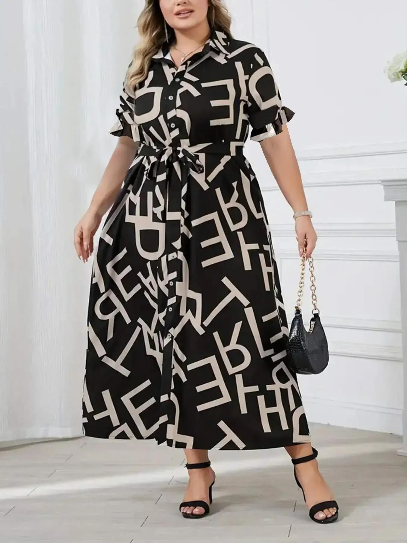 Plus Size Women\'s Button Letter Printed Dress Summer Tie Waist Fashion Long Short Sleeve Dresses