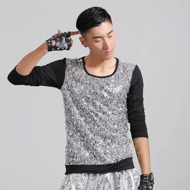 Male Sequins T-shirt Dance Costume Male Casual Loose Tops Personalized Singer Dancer Hip Hop Rock Performance Nightclub Clotthes