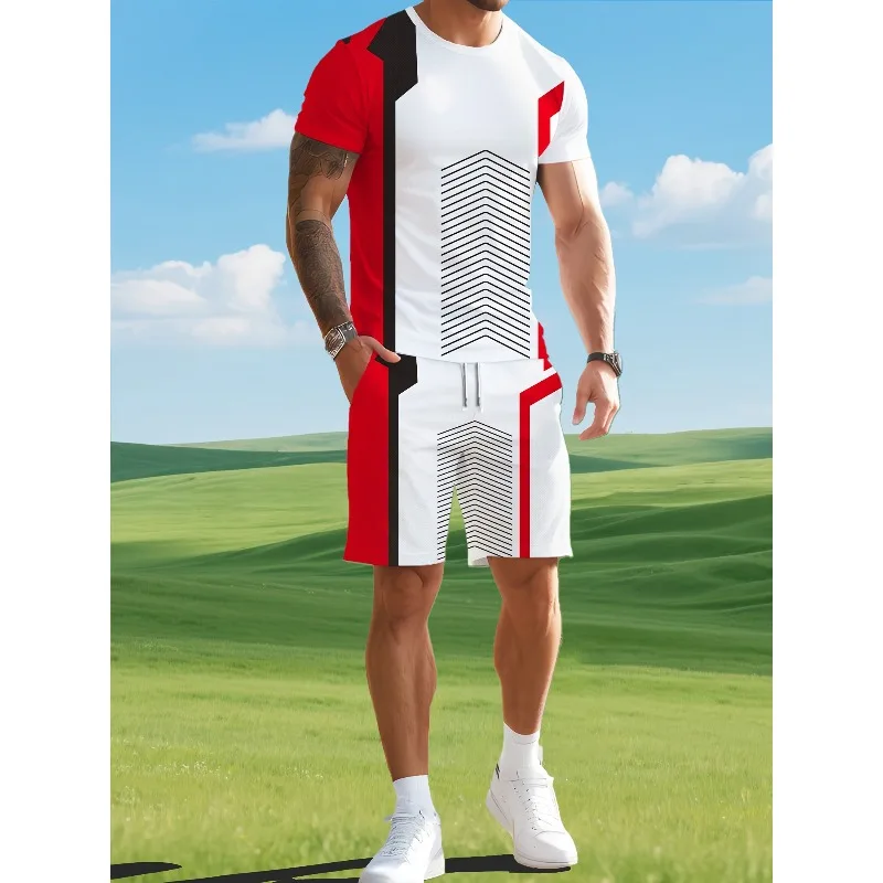 2025 Summer Men's Daily Leisure Sports Street Travel Personalized 3D Printed Round Neck Short Sleeved T-shirt Shorts Set