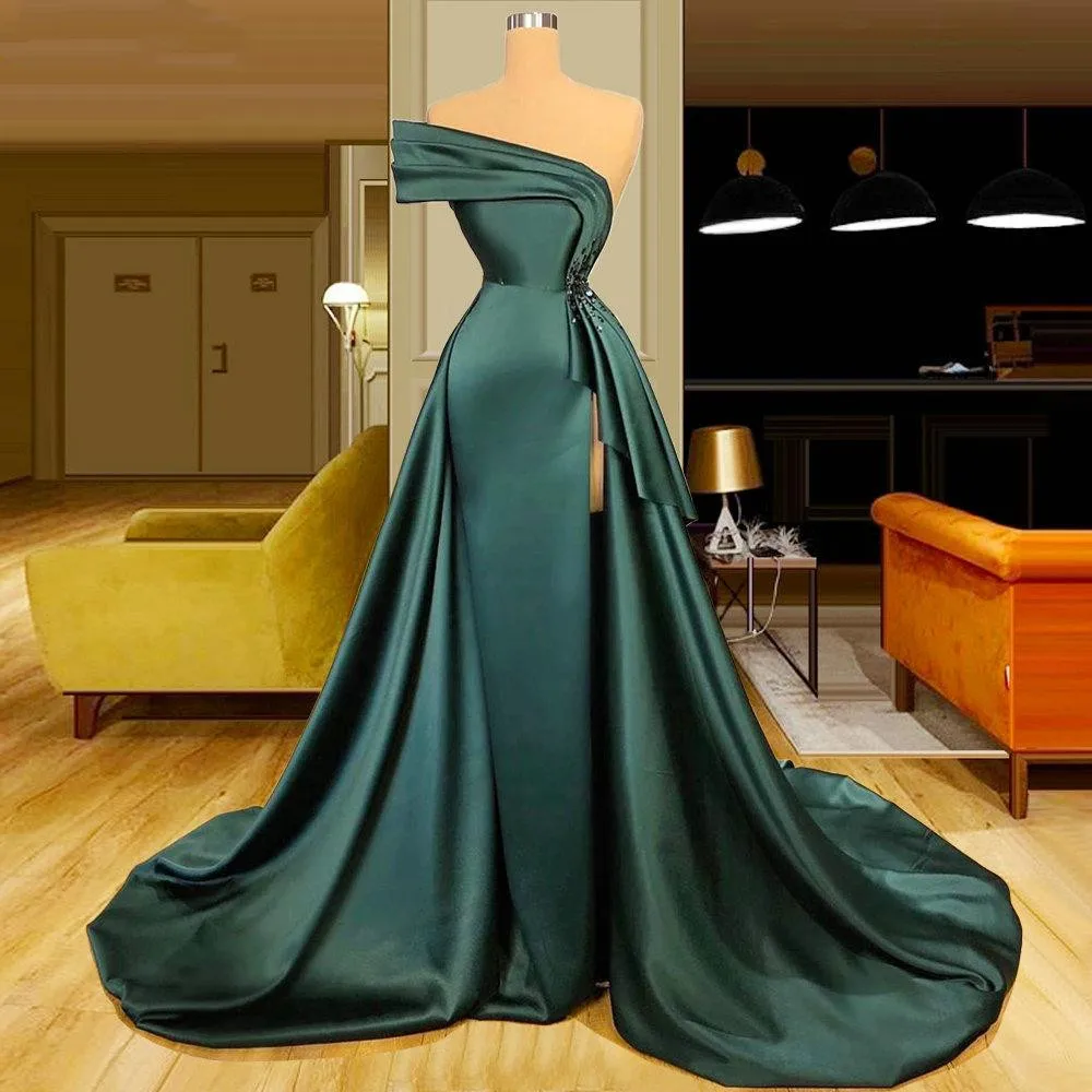 

BridalAffair Dark Green Satin Long Evening Dresses 2022 Elegant graduation Robes Ruched Beads Split Gowns robes de soirée