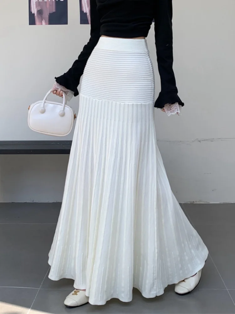 부드러운 찹쌀빛 살구색 니트 스커트 2025 하이웨이스트 슬리밍 롱 스커트 부드러운 분위기의 우아한 트럼펫 머메이드 스커트