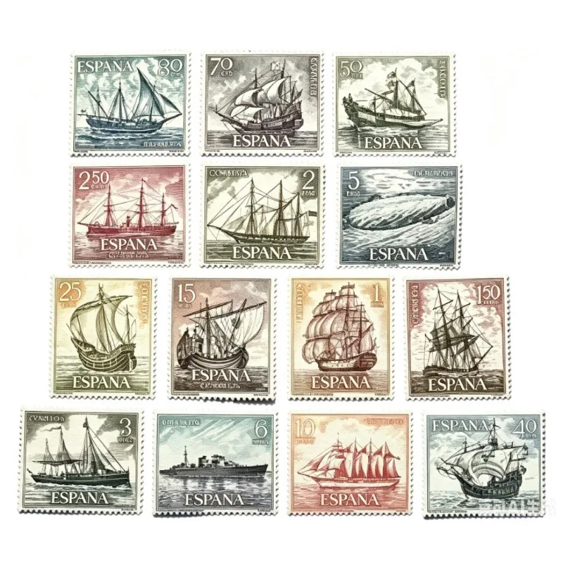 New Real 14pcs Spain Post Stamps Postage 1964 Year Spanish Armada Engraved Set Postage Stamps