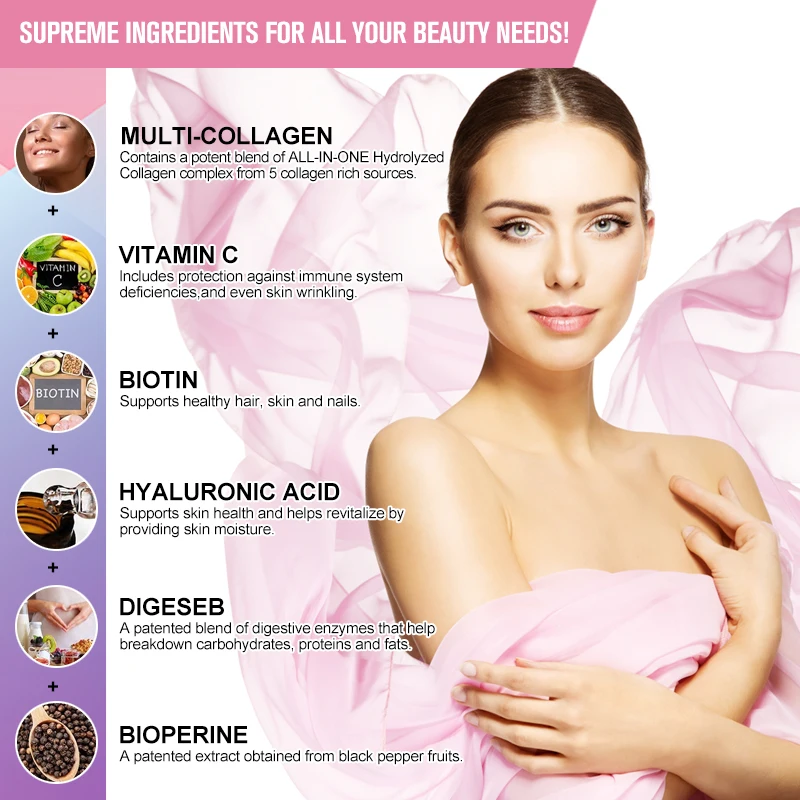Multi Collagen Capsules Vitamin C Whitening Skin Care Anti-aging Biotin Type I II III VX Hydrolyzed Collagen Supplemen