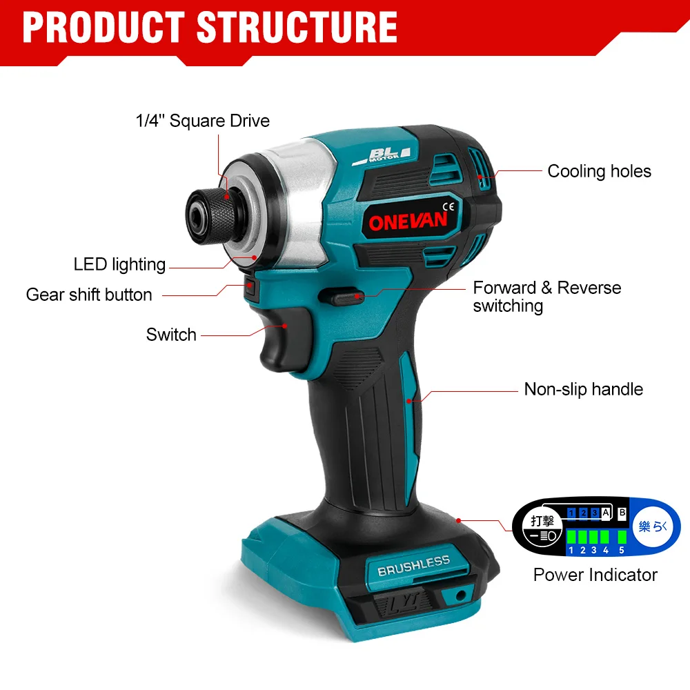 ONEVAN 1000W Brushless Electric Screwdriver 600N.M Cordless Impact Drill 1/4 Square Drive DIY Power Tool For Makita 18v Battery