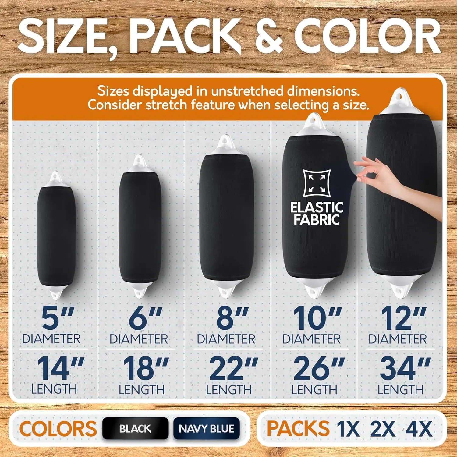 Boat Fender Covers in Black or Navy Blue, Multiple Sizes and Pack Options for Hull Protection