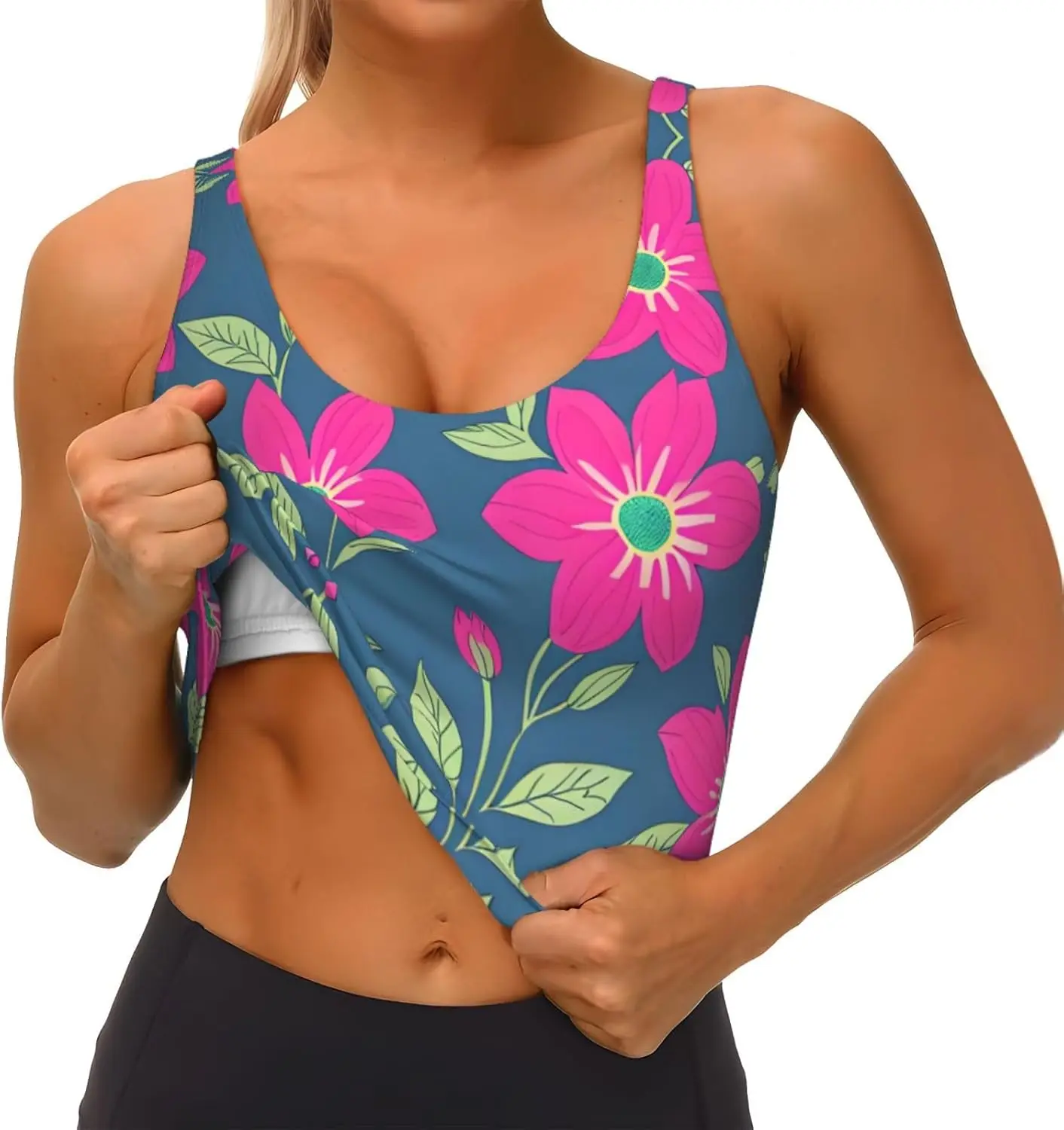 花柄プリント レディース スポーツ ベスト ヨガ ワークアウト フィットネス用 - アスレチックな女の子向けカジュアル ノースリーブ、ブラック、XX-Large