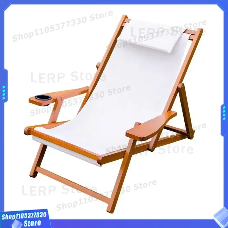 Portable Folding Wooden Deck Chair with Armrests and Cup Holder for Outdoor Camping Beach Travel Lightweight Canvas Seat