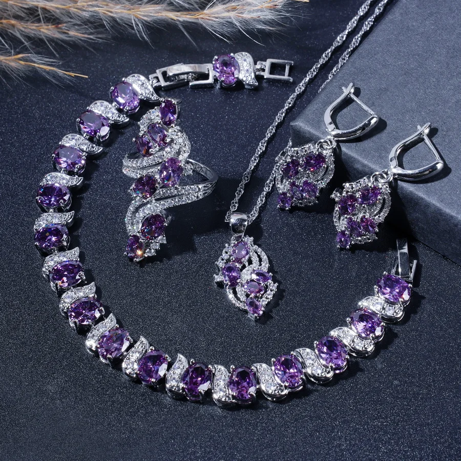 Elegant Purple Zircon Jewelry Set For Women - Includes Bracelet, Earrings, Necklace &Ring  Perfect For Daily Wear & Gifting