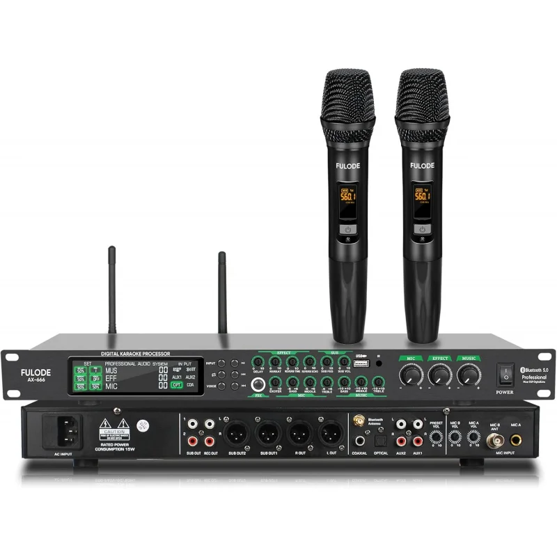AX-666 Professional Karaoke Processor KTV Mixer with Dual Wireless Microphones, Digital Pre-Stage Effector Audio Vocal Effects