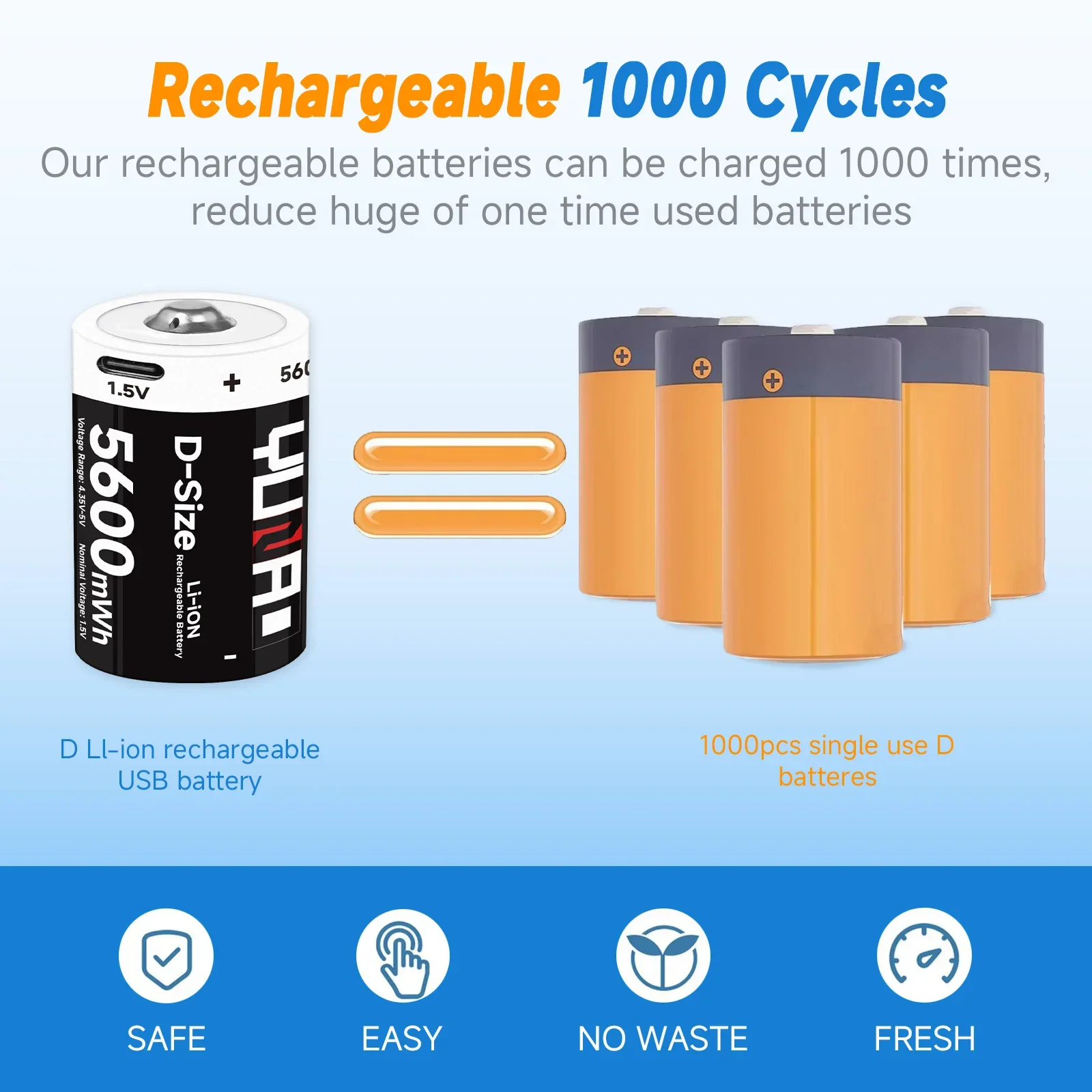 YUNAO Rechargeable Type d 1.5V 5600mWh battery USB LR20 lithium-ion type C battery for gas stove water heater electronic organ