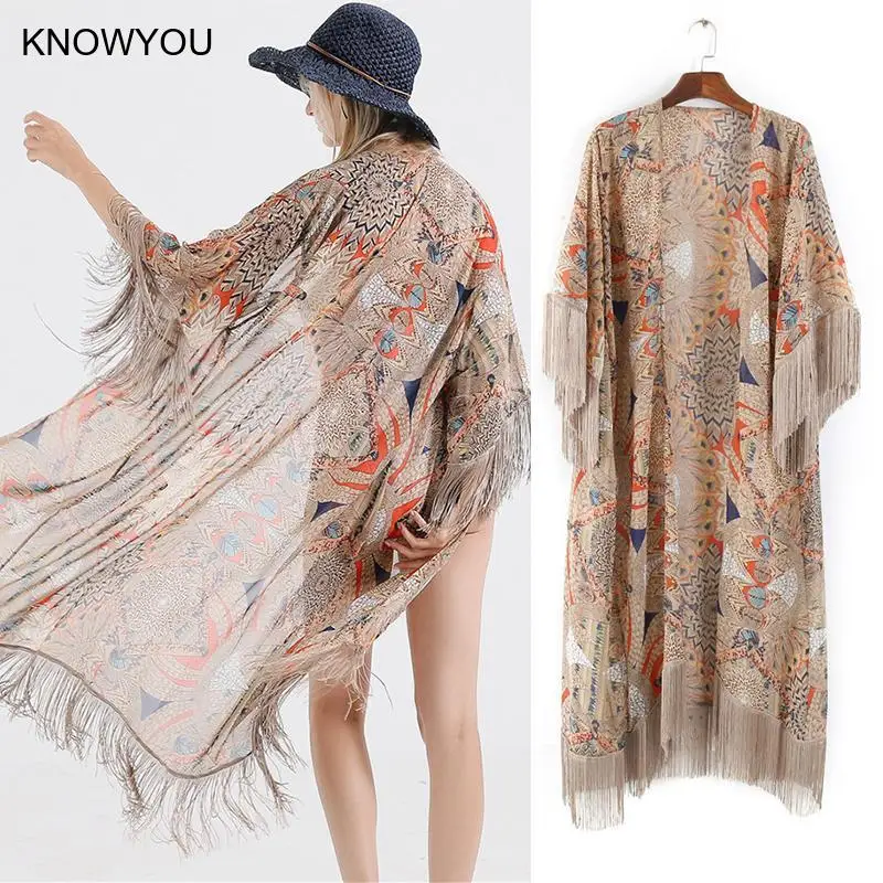 Women Sun Protection Shawl Beach Wear Bikini Cover Up Kimono Yukata Kimono Long Tassel Cardigan Breathable Beach Cape Cloak