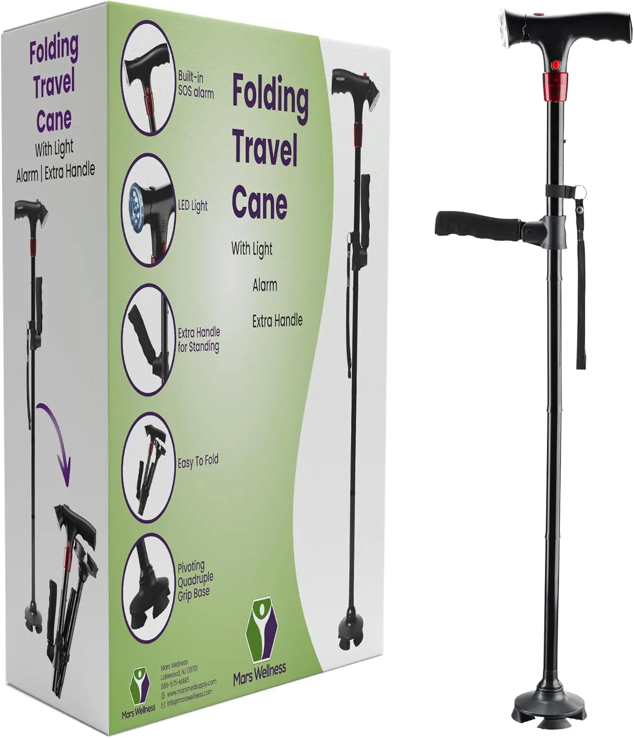 

Foldable Adjustable Smart Walking Cane with LED Light, Flashlight & Alarm for Seniors - Self-Standing Tripod Support Stick