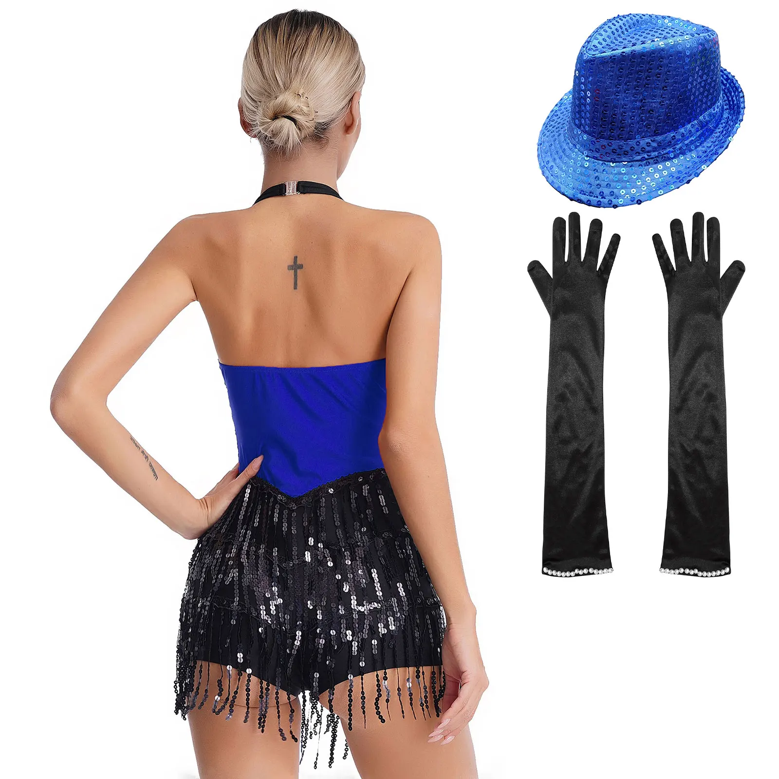 New Jazz Latin Dance Performance Outfit for Womens Sparkly Sequins Jumpsuit Sleeveless Tassel Leotard with Gloves Hat Dancewear