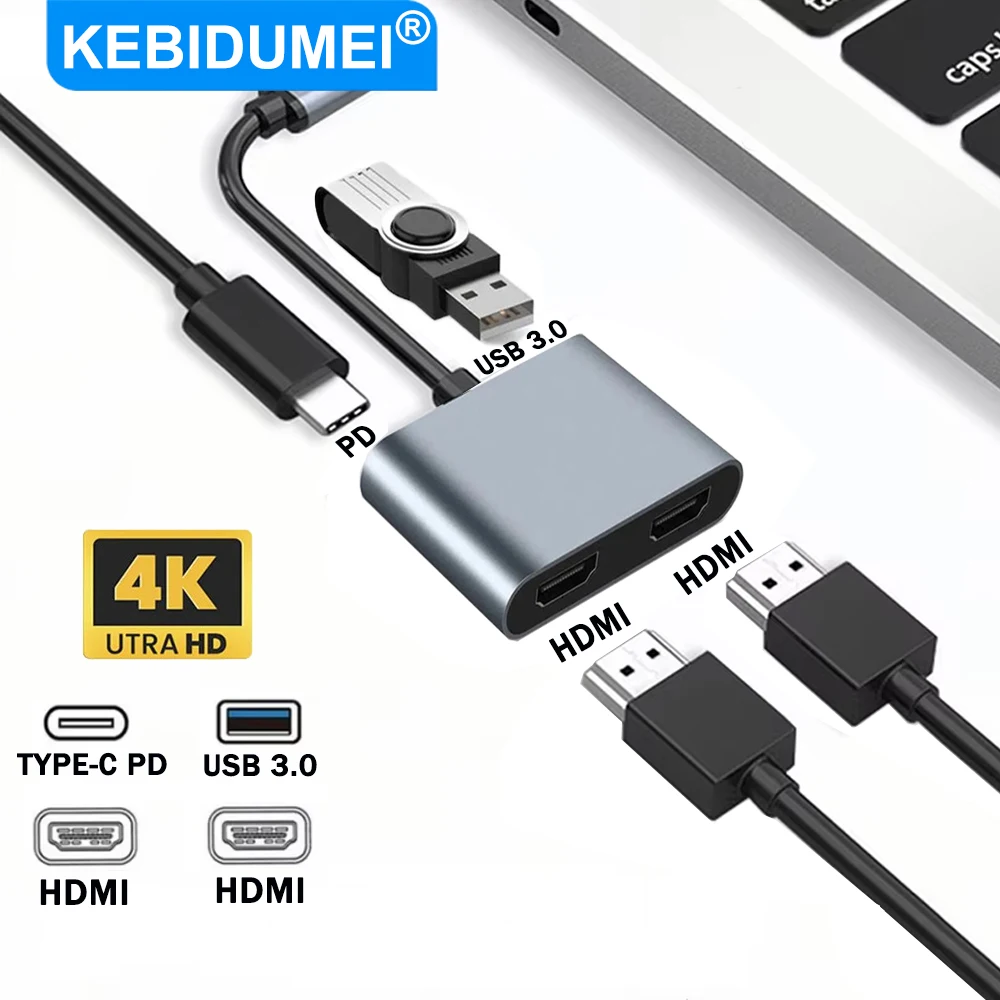 

USB-хаб 4-в-1 Type-C с двумя портами HDMI 4K 30Гц, док-станция для расширения экрана, конвертер для Macbook и ноутбуков
