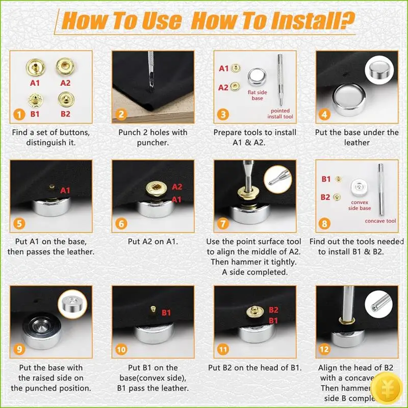 120 Sets Snap Buttons Kit For Leather, 12Mm Heavy Duty Snap Fastenerspress Stud Cap With Tools, For Clothing,Leather Easy To Use