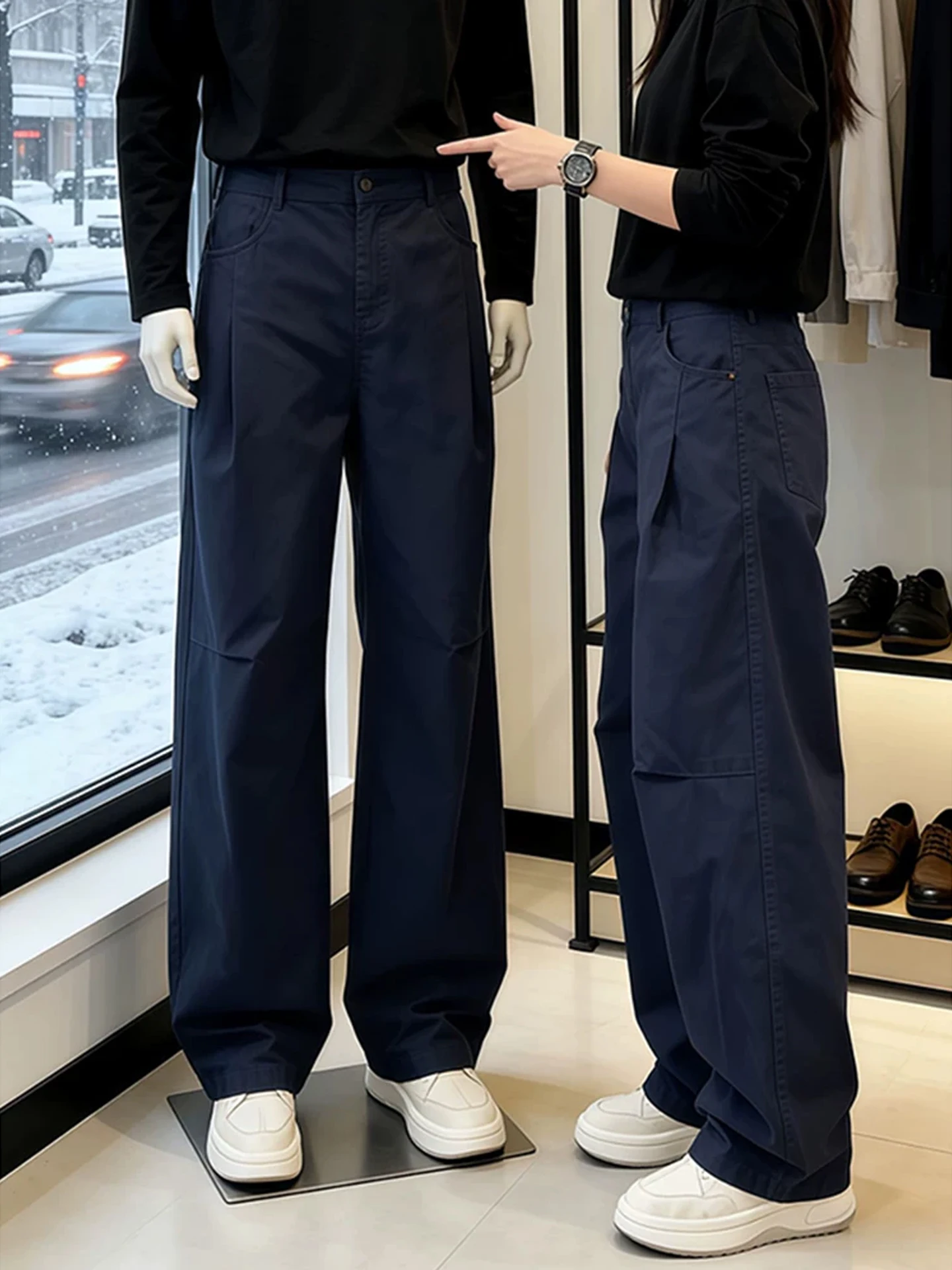 

Thiened Fce зимние прямые мужские брюки в американском стиле ретро, повседневные брюки с длинным эффектом ног и визуальным эффектом