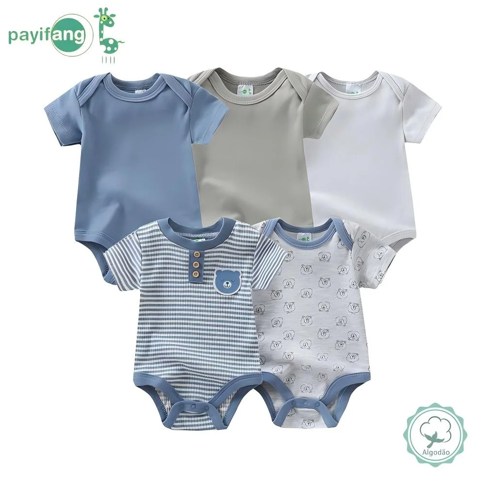 ベビー用ロンパース5点セット、男の子用、袖丈短め、綿60％、ポリエステル40％、サイズ3ヶ月、6ヶ月、9ヶ月、子供服