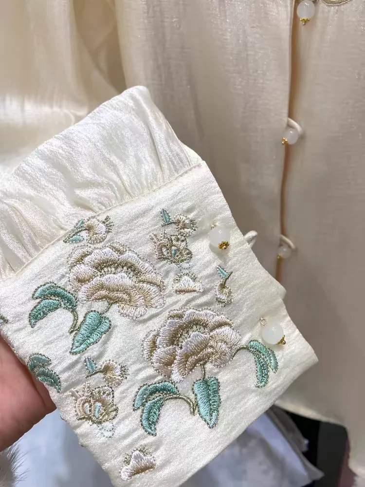 Vintage Blouse Women Ruffle Neck Embroidery Blouse Single-breasted Long Sleeve Shirts Shirts Luxury Brand Women Clothing White