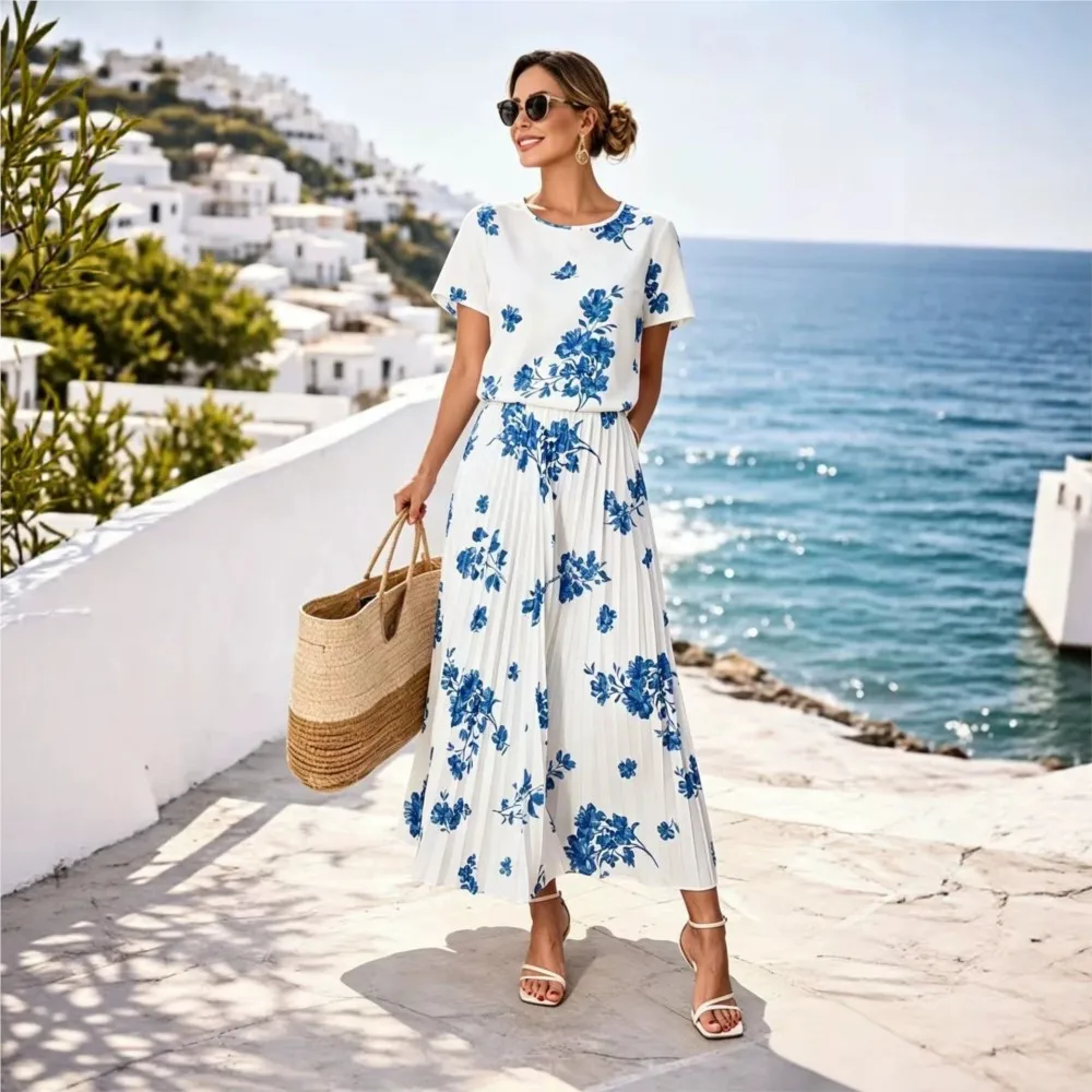 

Women's Fashion Printed Short-sleeved T Shirt Tops + Pleated Skirt 2-piece Summer Elegant Female Casual Vacation Skirt Set 2026
