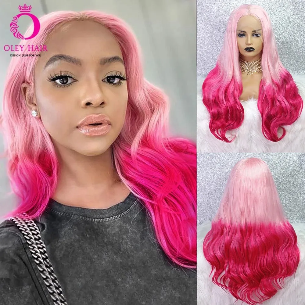 

OLEY Pink Synthetic 13x4 Lace Front Wig Heat Resistant Drag Queen Loose Wave Ombre Cosplay Wigs for Black Women 180% Density