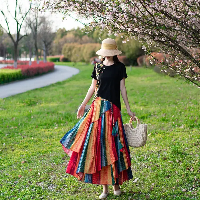 2022 Spring Summer Ethnic Style Retro Large Size Cotton And Linen Striped Skirt Irregular Women Faldas De Mujer Largas h868