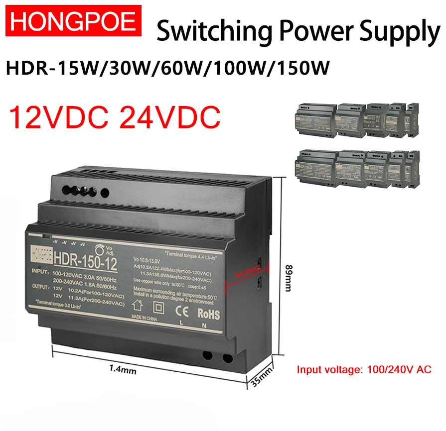 DIN Rail Switching Power Supply 100-240VAC HDR-15W 30W 60W 100W 150W 12V 24V SMPS Ultra-Thin Transformer LED Lighting Driver