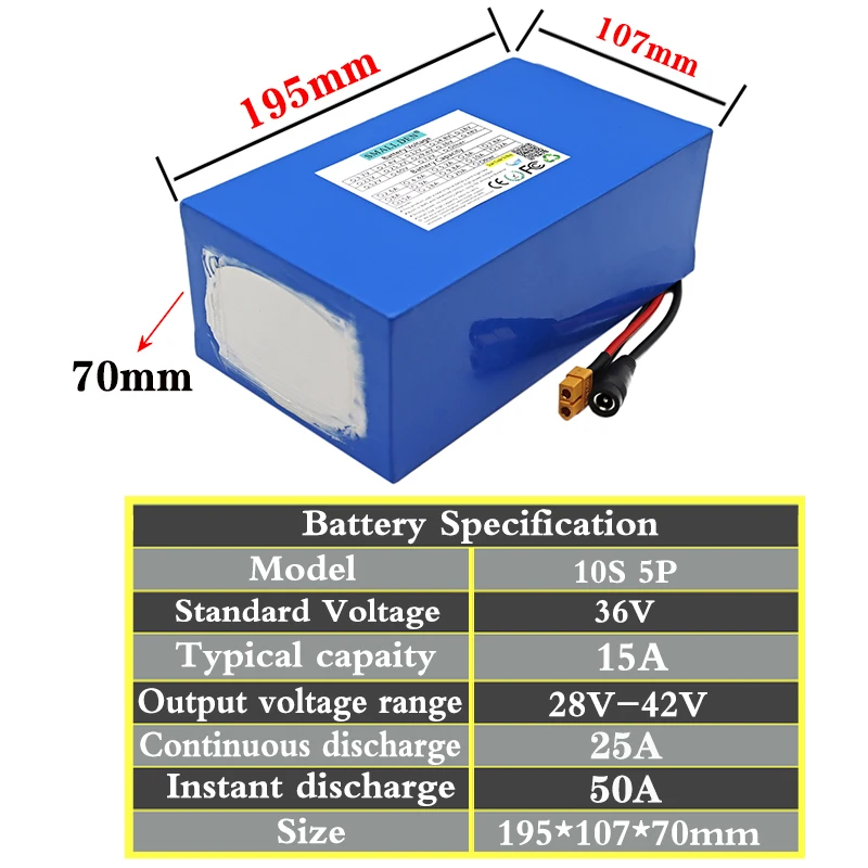 Imagem -04 - Bloco da Bateria do Li-íon para a Bicicleta Elétrica e o Trotinette Bateria Alternativa do Poder Poder Superior 25a Bms 42v 2a ch 36v 15ah 10s5p 1000w