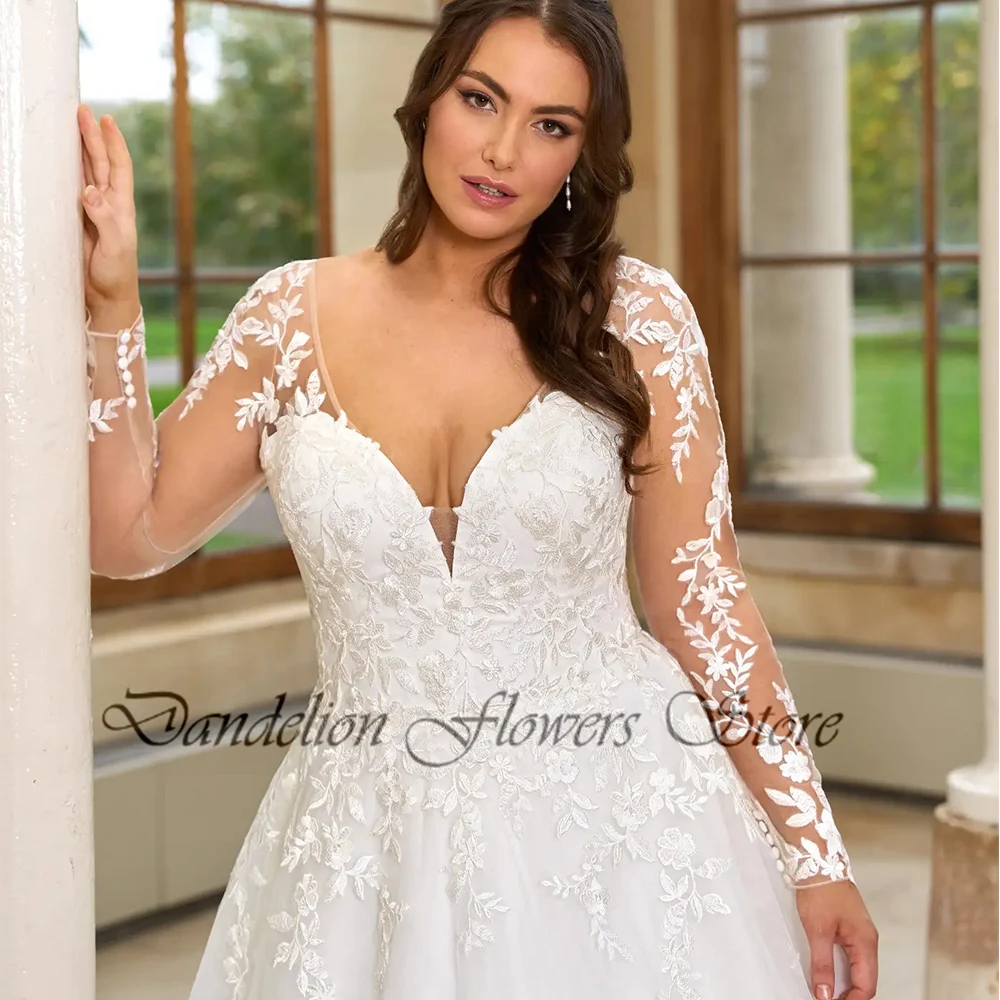 High Quality Wedding Dresses For Bride Plus Size V Neck Long Sleeves A-Line Bride Gowns Applique Sweep Train Vestido De Noiva