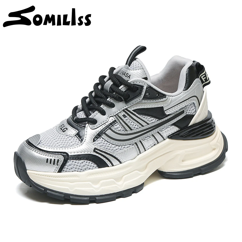 

SOMILISS Chunky Shoes for Women Microfiber Leather Mesh Patchwork Fashion Non Slip Breathable Spring Summer Platform Sneakers