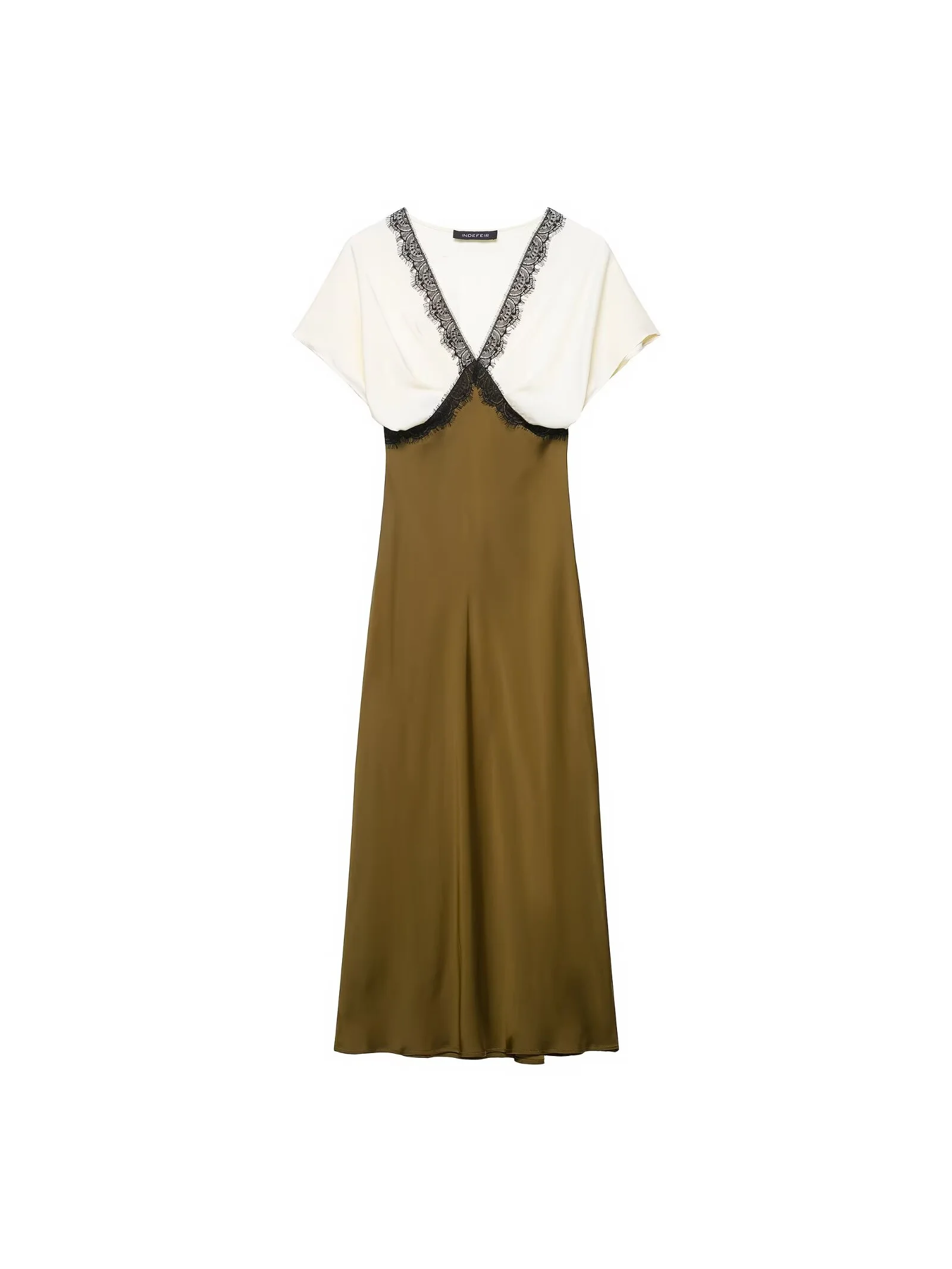 BSAY Damen-MIDI-Kleid mit V-Ausschnitt und kurzen Ärmeln, Herbst, neuer Artikel 2025, kontrastierende Spitze, Seidenstruktur, langes französisches Abendkleid