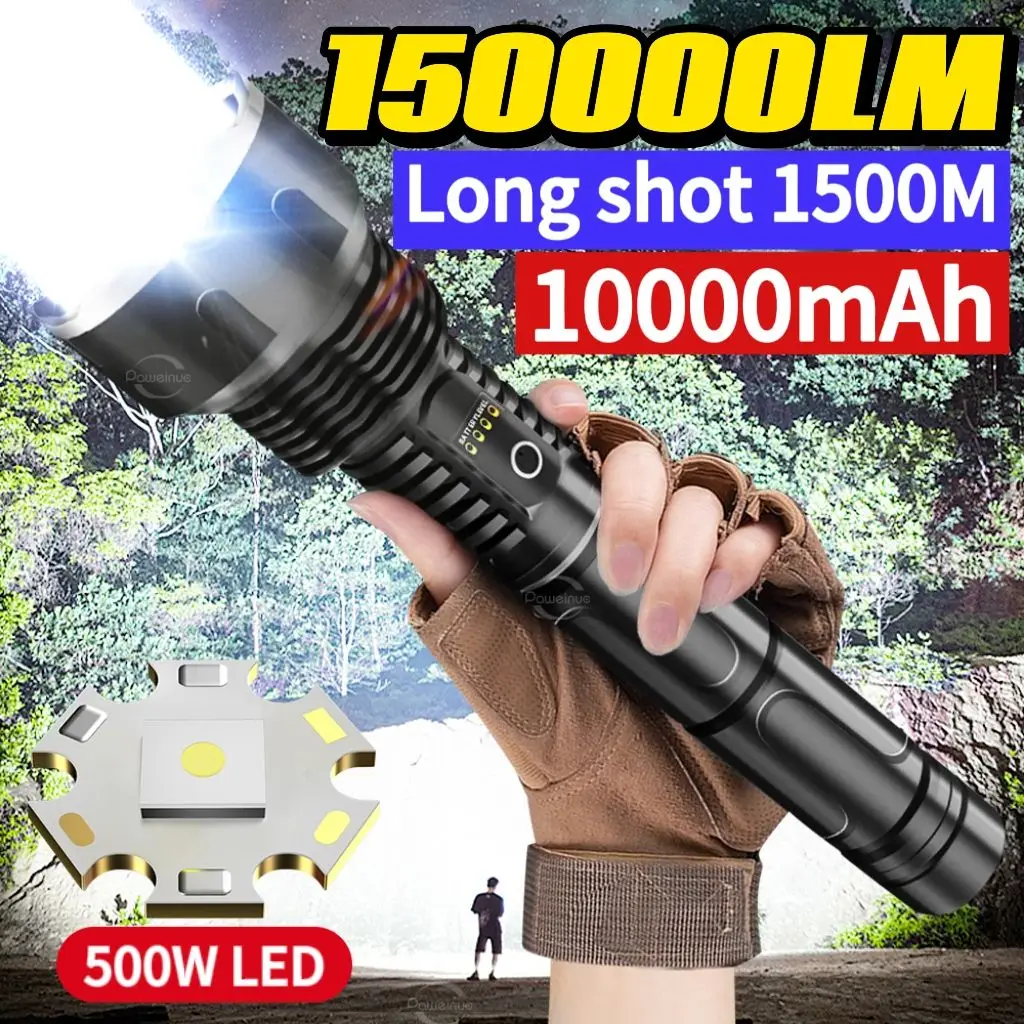 150000LM Long High Power LED Flashlight 10000mAhUSB Rechargeable Torch Outdoor Camping Tactical Flashlight Fishing Lantern