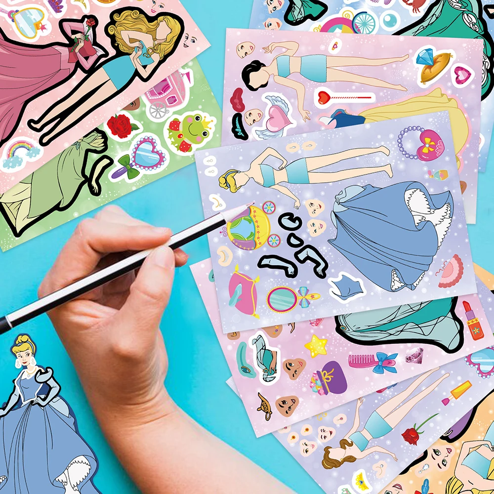 8/16 Lenzuola Carino Disney Cartoon Principessa FAI DA TE Crea un Viso Puzzle Adesivi Per Bambini Del Fumetto Divertente Assemblare Puzzle Decalcomanie Per Bambini giocattoli