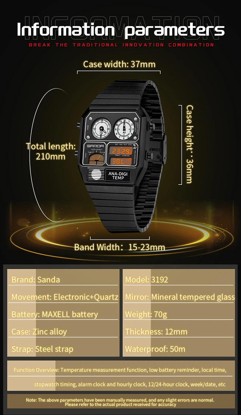 Sanda-Reloj de pulsera cuadrado electrónico Led para hombre, cronógrafo con termómetro multifunción, informal, para jóvenes, a la moda, superventas