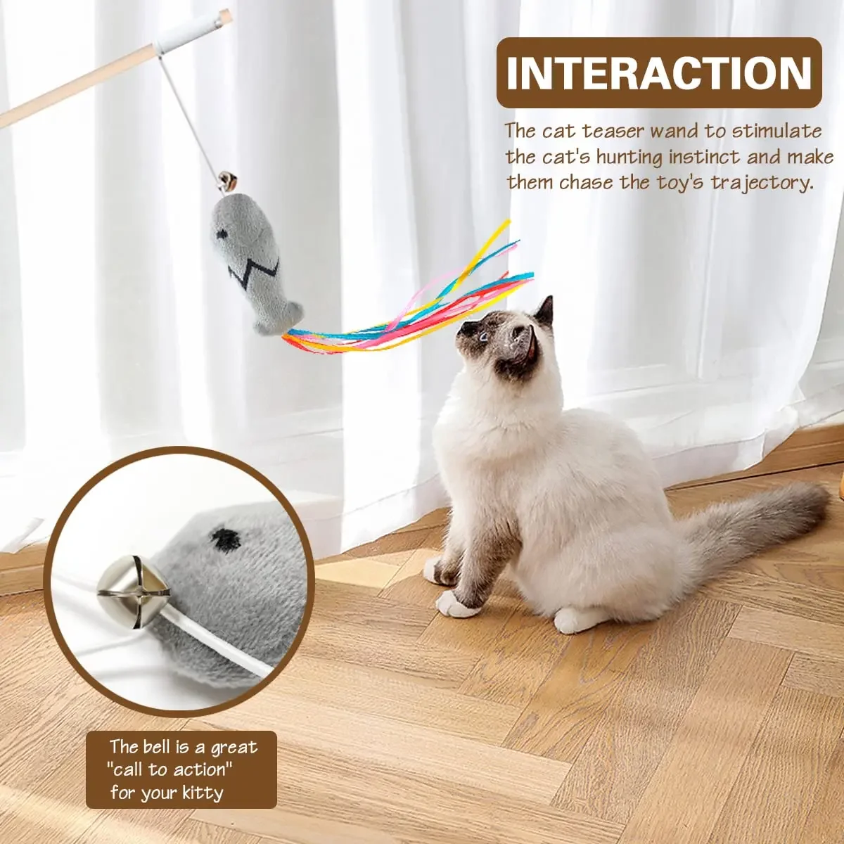 Fashion Cat Wand Toy, Natural Wooden Cat Teaser Wand for Cat, Interactive Elastic String Cat Stick Pole Toy for Indoor Cats