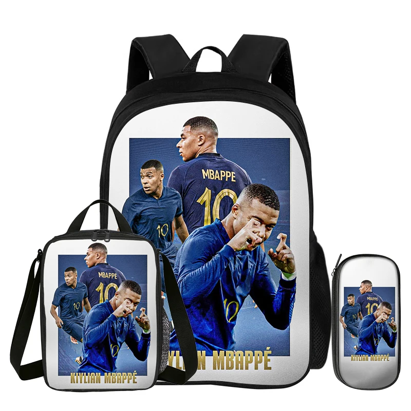 Football Sport Backpack M-Mbappe 3Pcs Set School Backpack Learn, Travel Pencil Bags, Lunch bag, Football Star Bookbag