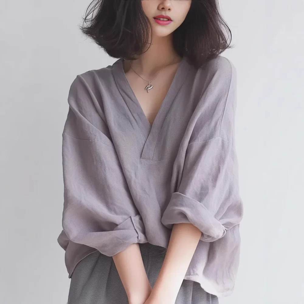 قميص نسائي صيفي فضفاض بأكمام طويلة على الطراز الفرنسي، نسخة جديدة رفيعة، كاجوال برقبة على شكل حرف V، قميص أرجواني على الطراز الكوري