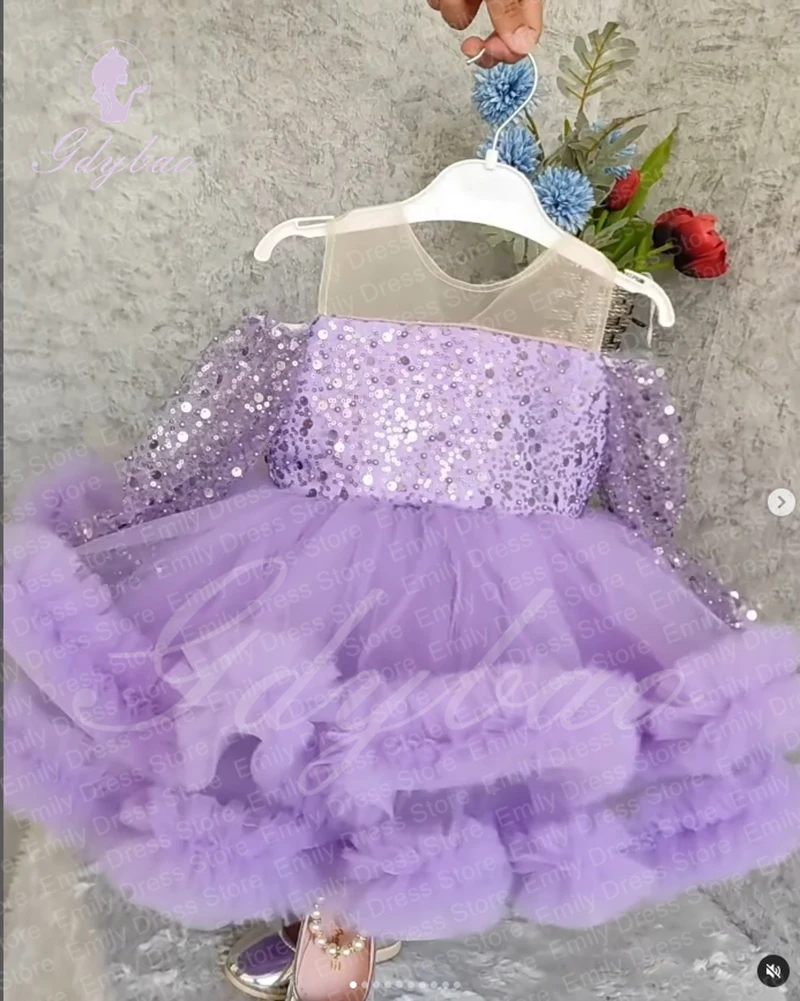 

Customized Purple Sequins Flower Girl Dress For Wedding Tulle Mini Pleated Puffy Baby First Communion Kid Birthday Party Gown
