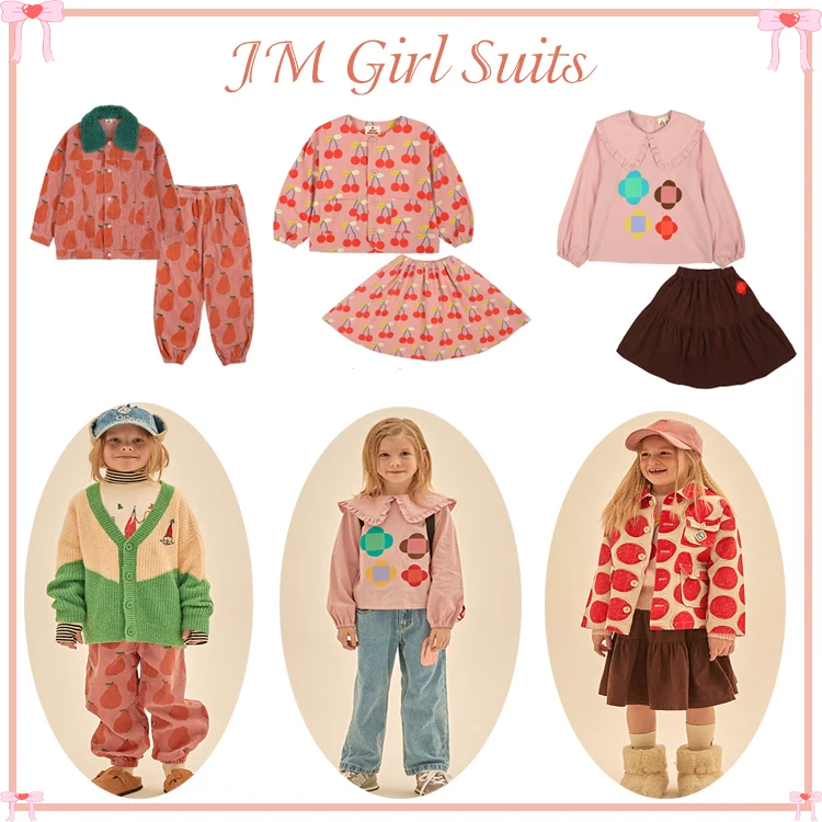 JM 2026 Winter Girl Corduroy Sweater Jacket Shirt Pants Skirt Suits Cherry Printed Elegant Fur Collar Long Sleeve Toddler Daily